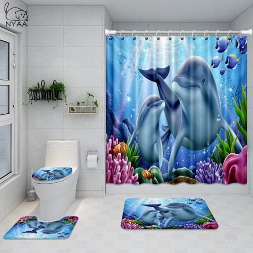 NYAA Ocean Dolphin Deep Sea Shower Curtain Polyester Waterproof Curtains Bathroom Pedestal Rug Lid Toilet Cover Bath Mat Set