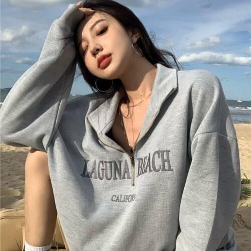 2020 New Fashion Womens Cotton Stand Collar Half Zipper Letter Embroidery Long Sleeve Sweatshirts Gray Vintage Oversized Tops