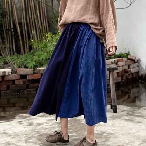 Johnature Vintage Patchwork Color Skirts For Women Cotton Linen Navy Blue Original 2021 Autumn New Loose Female Pleated Skirts