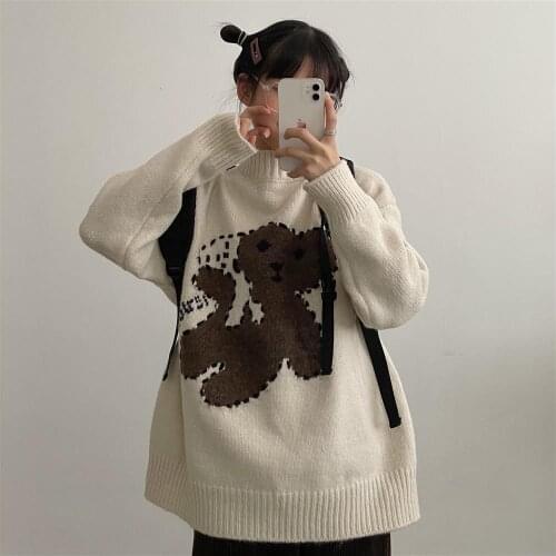 Woman Sweaters Chandails Winter Turtleneck Bear Brocade Sweater Womens Loose Sweater Coat