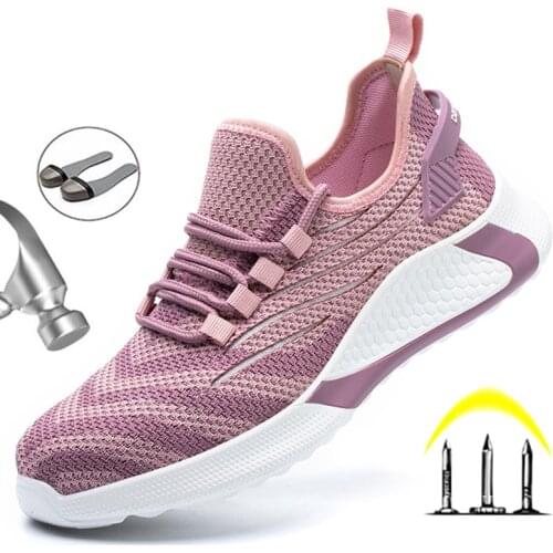 Fashion Women Safety Shoes Pink Anti-Puncture Work Sneakers For Women Steel Toe Shoes Light Women Indestructible Safety Boots