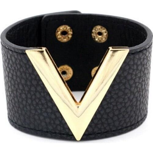 Hand Jewelry Big Leather Bracelet Simple All-Match MS OL V Word Wide Leather Bracelet for Women V Leather Cuff Adjustable