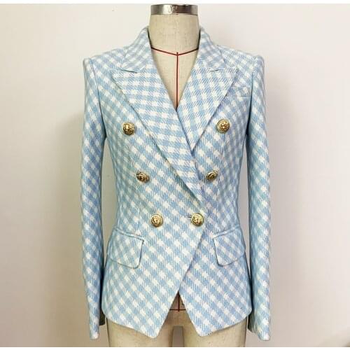 HIGH QUALITY Newest 2021 Designer Jacket Womens Slim Fit Lion Buttons Double Breasted Plaid Tweed Blazer