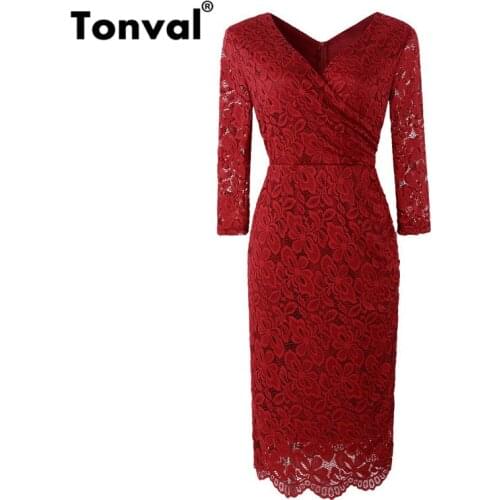 Tonval Red Elegant Floral Lace Office Lady Pencil Dress Elegant Workwear 2019 Women 3/4 Sleeve Bodycon Sheath Dresses