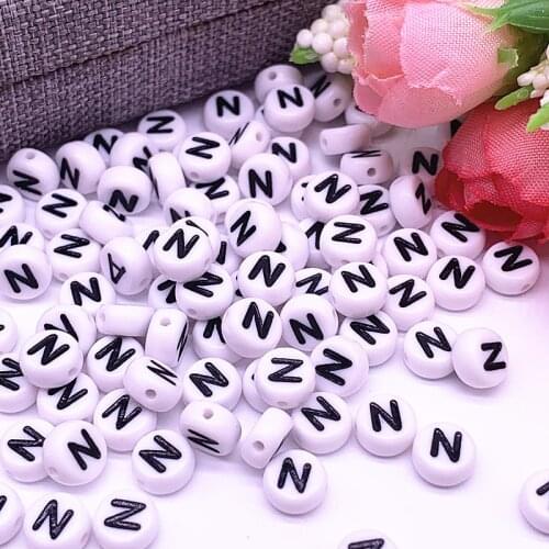 100pcs/lot 7x4mm "N" White Round Alphabet/ Letter Acrylic Loose Spacer Beads for Jewelry Making DIY Bracelet Accessories
