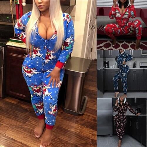 2020 Christmas Print Pajamas Sleepwear Jumpsuit Women Sexy Long Sleeve Zipper Hooded Warm Romper Onesies Homewear Fall Autumn