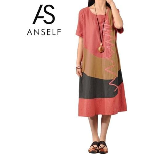 2020 Plus Size 3XL 4XL 5XL Cotton Dress Women Vintage Dress O Neck Short Sleeve Splice Casual Loose Beach Midi Dress robe female