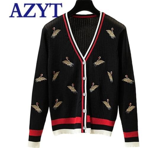 AZYT 2021 New V Neck Knitted Cardigan Female Korean Fashion Cartoon Embroidery Cardigan Womens Jacket Chic Knitwear Tops Women