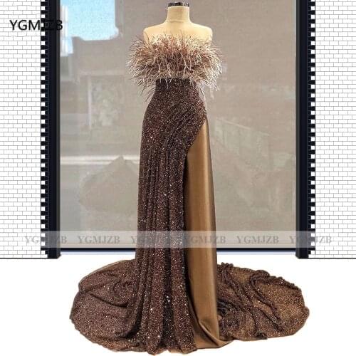 Sparkling Sequin Evening Dress Long 2020 with Feather High Split Sexy Arabic Brown Formal Dress Prom Gown Robe de Soiree