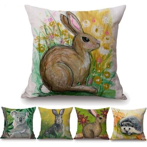 Bunny Sloth Koala Hedgehog Animal Cushion Cover Hand Painting Beige Linen Throw Pillow Case 45X45cm Sofa Decoration