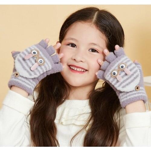 H10046 Children Mittens Autumn Winter Travel Windproof Plush Warm Flip Half Gloves Girls Boys Cartoon Stripe Knitted Hand Muff
