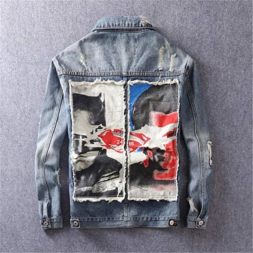 Denim Jacket Men Hole Distressed Jeans Coat Hip Hop Patch Jacket Streetwear Outerwear Spring Autumn Tops for Male