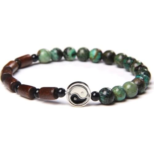 Chinese Taiji Bracelets Natural African Turquois Stone Beads Bangle Men Tube Wood Yin Yang Charm Bracelet Women Reiki Pulsera