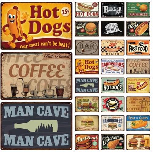 Western Food Metal Tin Sign Iron Retro Poster Plaque Hot Dog Hamburger Wall Picture Fast Food Restaurant Caffee Shop Decor