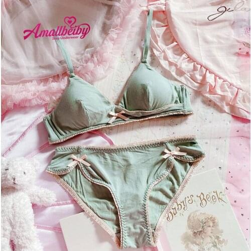 Cute French Retro Wireless Bra Set Japanese Underwear Young Girl Anime Bowknot Lolita Bra Set Kawaii Bra & Panties Set
