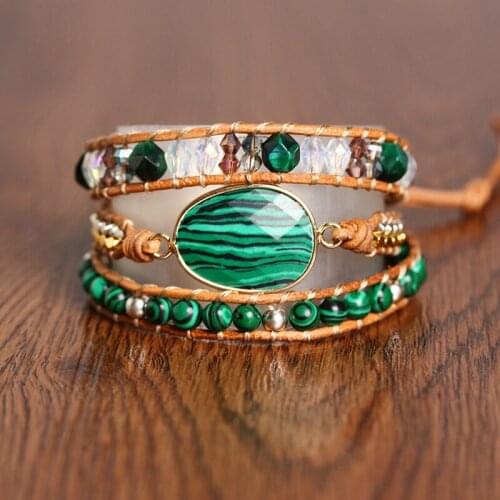 Multi Strands Malachite Leather Wrap Bracelets W/ Natural Stone Chain Beaded Bracelet Teengirls Bohemian Jewelry
