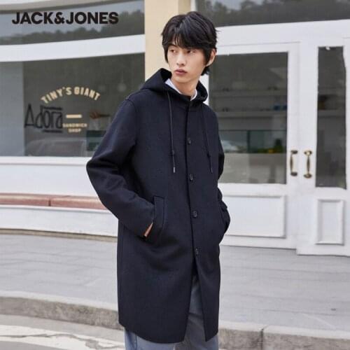 JackJones Mens Woolen Overcoat Male Business Casual Hooded Stand-up Collar Woolen Overcoat| 220427008