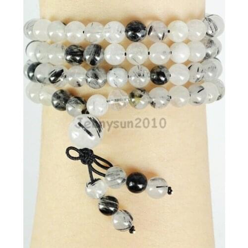 Natural Tourmaline Quartz 6mm Gems Stone Buddhist 108 Beads Prayer Mala Multi-Purpose Stretchy Bracelet Necklace 5Strands/ Pack