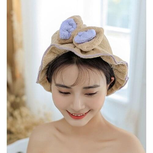 Dry Hair Towel with Bowknot Shower Cap Super Absorbent Quick-drying Hair Cap Bath Accessories for Women Coral Velvet