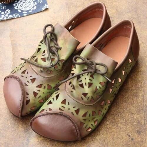 Female Genuine Leather Shoes Women Sandals Lace-Up Retro Flat with 2021 New Hollow Comfortable Handmade Sewing Ladies Sandals