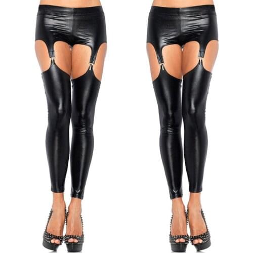 Sexy Shiny Punk Gothic Faux Leather Leggings Erotic Wet Look PVC Leggings Hollow Out Temptation Slim Latex Pants Trouser