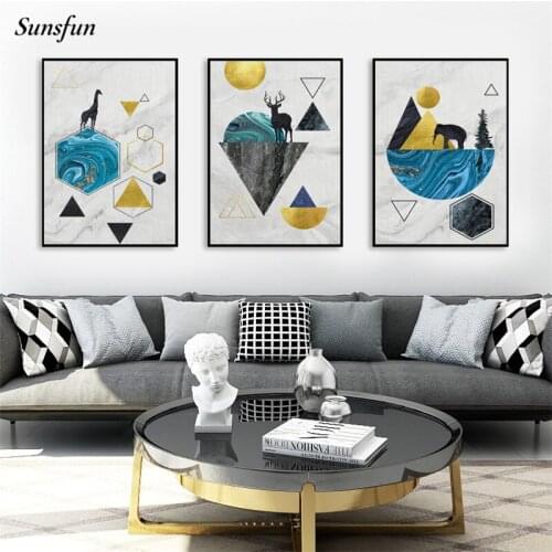 Modern Line Polygon Canvas Art Painting Animal Deer Elephant Wall Picture Nordic Style Marble Texture Living Room Decoration