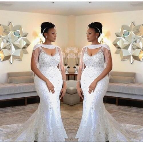 Beads Stones Cape South Africa Mermaid Wedding Dress 2023 Robe de Mariee Elegant Spaghetti Straps Wedding Bridal Gowns