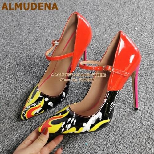 ALMUDENA Candy Color Patent Leather Dress Pumps Thin High Heel Red Pink Yellow Bright Graffiti Printed Shoes Patchwork Footwear