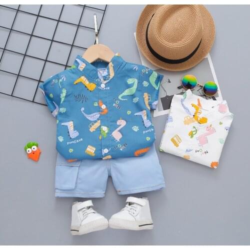 2PCS Gentleman Set Toddler Kids Baby Boys Cartoon Dinosaur Gentleman Shirt Tops+Denim Shorts Outfit Kids Boys Beach Clothes