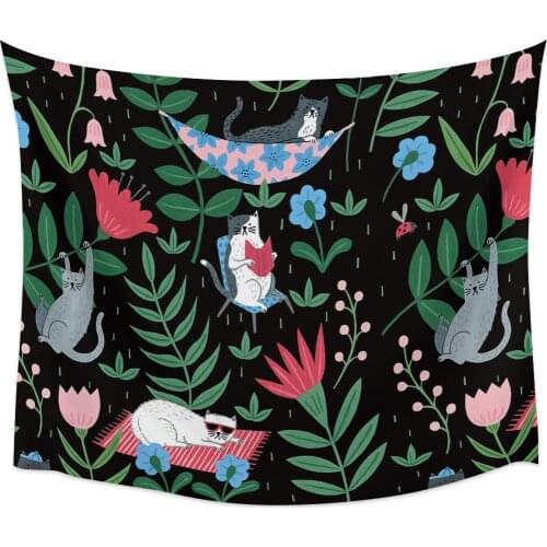 Green Kitty Flower Tapestry Wall Hanging Home Wall Decor Blanket Bedroom Tapestry Yoga Mat
