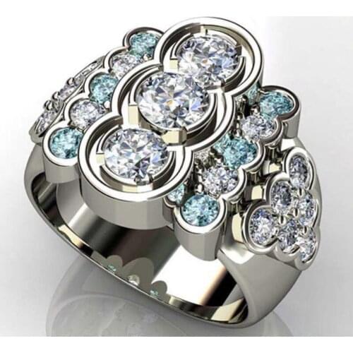 2021 New Individuality Round White Blue Zircon Rings For Women Fashion Silver Color Statement Female Jewelry Birthday Party Gift