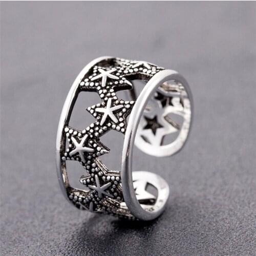 Sole Memory Retro Hollow Star Carved Thai Silver Exquisite Wild 925 Sterling Silver Female Resizable Opening Rings SRI322