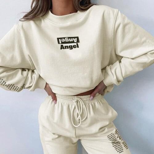 Letter Print Two Piece Set Womens O Neck Pullover Sweatshirts And Drawstring Pants Suits Fashion Female 2021 Autumn Tracksuits
