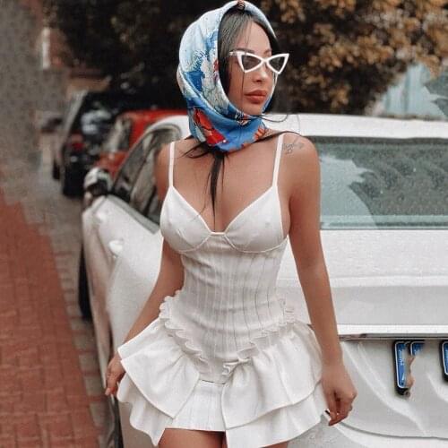 New Bandage Dress Women Spaghetti Strap V-Neck White Ruffles Night Club Sexy Celebrity Party Bodycon Mini Dress Women Vestidos