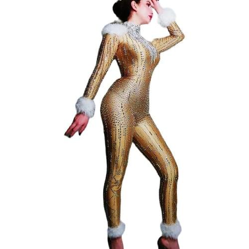 Gold Full Rhinestones Striped Feathers Tights Jumpsuit Turtleneck Stretch Rompers Nightclub Dance Party Evening Costume Women