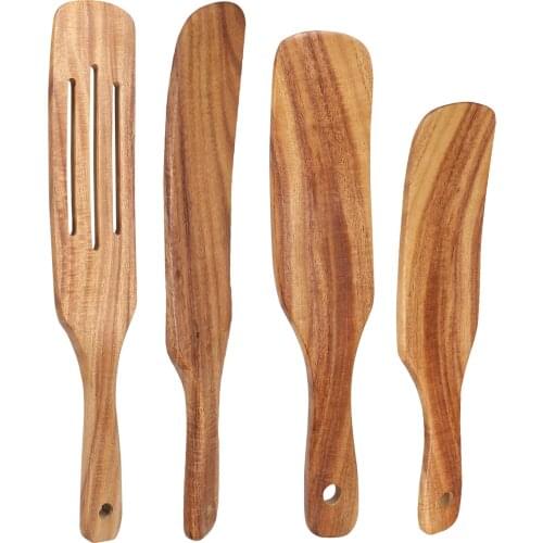 New Hot 4/5pcs Hanging Wooden Cooking Utensils Natural Teak Kitchen Heat Resistant Non Stick Wood Cookware Set SMR88