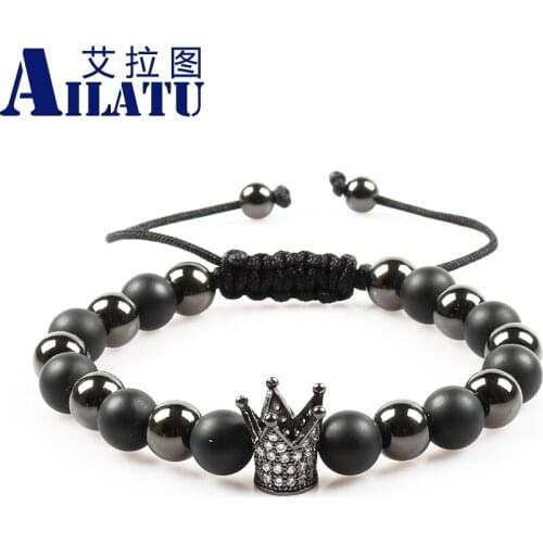 Ailatu Micro Paved Clear Cubic Zirconia Crown Charm with 8mm Black Matte Onyx&Copper Beads Hand-knitted Bracelet