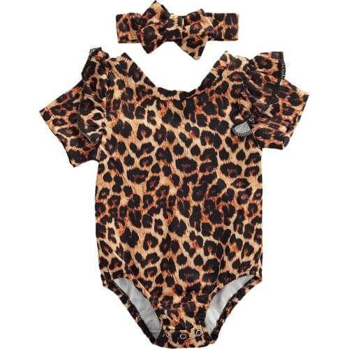 2020 Newborn Infant Baby Girls Boys Leopard Bodysuits Ruffles Short Sleeve Jumpsuits Headband 2pcs