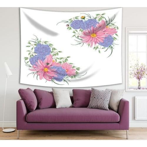 Tapestry Bouquets with Geranium Oat and Chamomile Flowers Romantic Art in Soft Colors Blue Pink Green Yellow