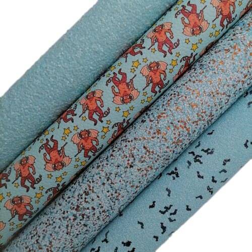 Blue Glitter leather with Halloween Bats, Monsters Printed Synthetic Faux Leather Sheets For Bows DIY 21x29CM KM693