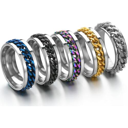 5 Colors in Rotatable Steel Rainbow/Gold/Black/Blue/Silver Chain Spinner Rings Stainless Steel Punk Rock Ring For Men Women