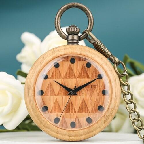 Creative Carving Design Wooden Dial Quartz Pocket Watches Luminous Pointer Round Dial Pendant Chain Gifts for Boys Girls
