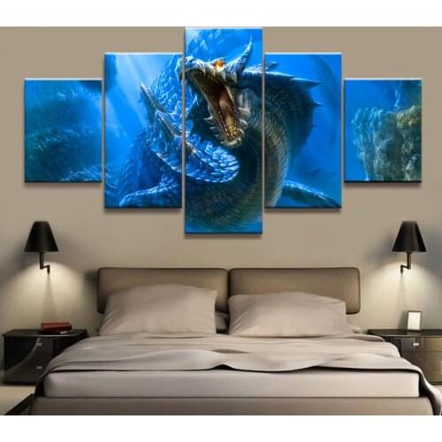 Home Decor Modular Canvas Picture 5 Piece Lagiacrus Monster Hunter Game Painting Poster Wall For Home Canvas Painting Wholesale