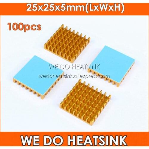 WE DO HEATSINK 100pcs 25x25x5mm Gold Slotted Anodized Aluminum Heatsink IC CPU Radiator With Thermal Double Sided Adhesive Tape