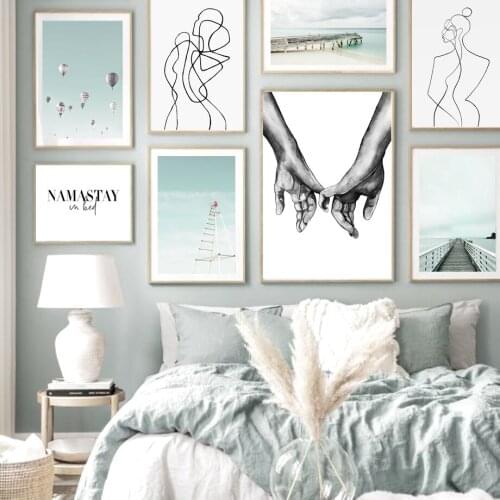 Beach Out To Sea Hold Hands Abstract Line Figure Nordic Poster Wall Art Print Canvas Painting Wall Picture For Living Room Decor