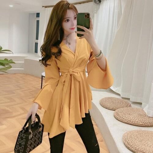 Irregular Shirt Women Blouse Yellow Long Sleeve Autumn Blusas Plus Size Casual Vintage Spring Chemisier Femme Tops Blusa Ladies