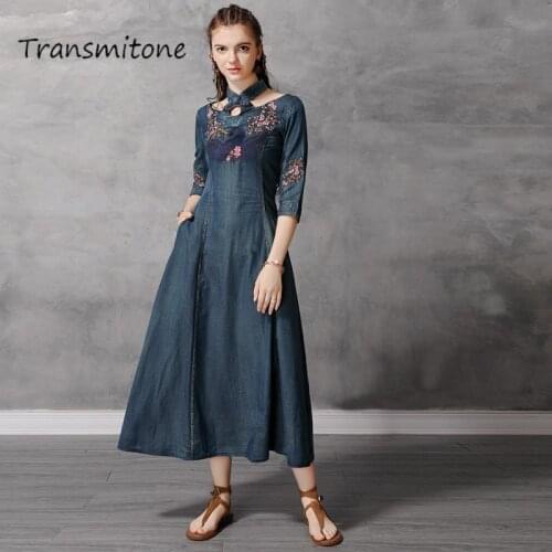 Autumn Womens Dress 2019 Vintage Cotton Women Dresses Stand Collar A-line Three Quarter Sleeve Elegant Embroide Dress Vestidos