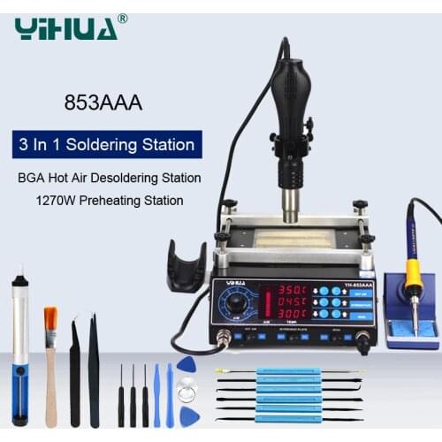 YIHUA 3 In 1 Soldering Station BGA Rework Stations Hot Air Gun Preheating Station PCB Preheater Desoldering Soldering Iron Kit
