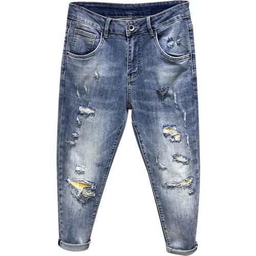 Ripped Jeans Men Blue Stretch Capris Pants Destroyed Frayed Mens Jeans Pants Ankle Length Trousers Begger Distressed Baggy Pants