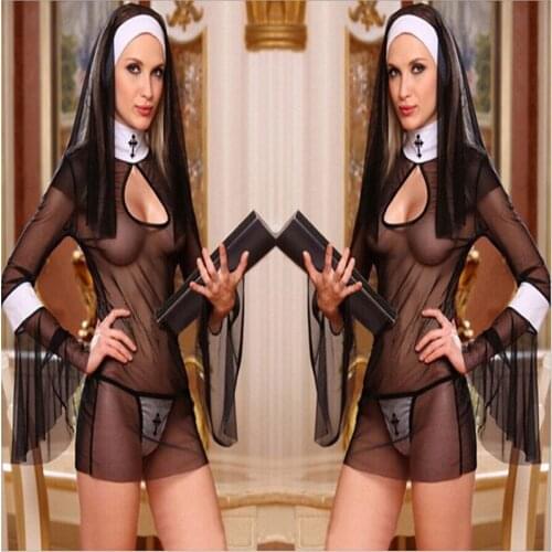 SEXY NUN COSTUME Headdress & Collar Ladies Religious Fancy Dress Hen Stripper Fetish Club Night Outfit Lace lingerie YG128
